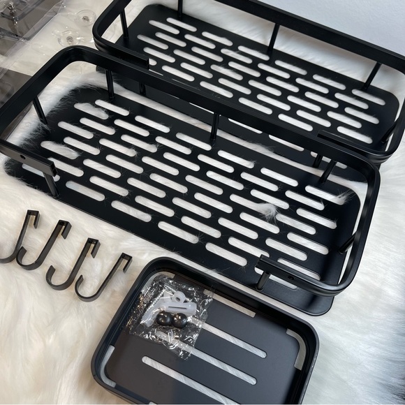 New 3-Pack Bathroom/Kitchen Shelves with Hooks, No Drilling, Large Storage/Black - Picture 9 of 12